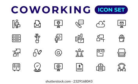 Coworking Service Vector Icons Set Collection. Coworking space office thin line icons set.Outline icon. 
