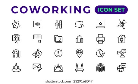 Coworking Service Vector Icons Set Collection. Coworking space office thin line icons set.Outline icon. 
