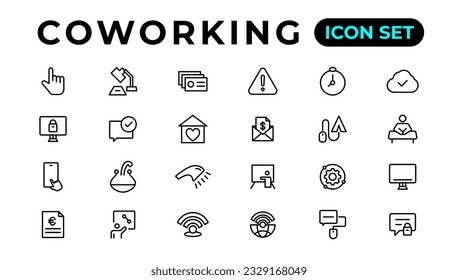Coworking Service Vector Icons Set Collection. Coworking space office thin line icons set.Outline icon. 
