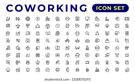 Coworking Service Vector Icons Set Collection. Coworking space office thin line icons set. Editable vector icon. 
