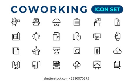 Coworking Service Vector Icons Set Collection. Coworking space office thin line icons set. Editable vector icon. 
