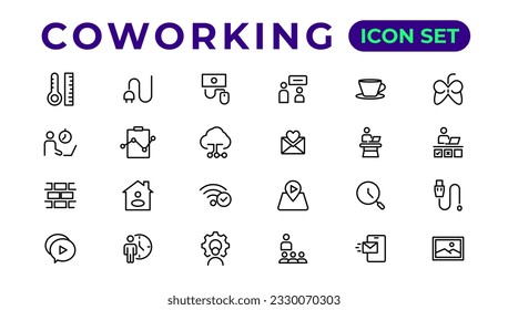 Coworking Service Vector Icons Set Collection. Coworking space office thin line icons set. Editable vector icon. 
