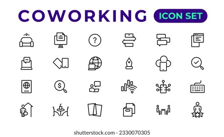 Coworking Service Vector Icons Set Collection. Coworking space office thin line icons set. Editable vector icon. 
