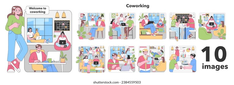 Juego de coworking. Escenarios modernos del espacio de trabajo compartido. Establecimiento de redes de trabajadores independientes, colaboración en proyectos, descansos relajados para el café. Interacción de grupo diverso. Estilo de vida nómade digital. Ilustración vectorial plana