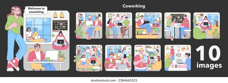 Juego de coworking. Escenarios modernos del espacio de trabajo compartido. Establecimiento de redes de trabajadores independientes, colaboración en proyectos, descansos relajados para el café. Interacción de grupo diverso. Estilo de vida nómade digital. Ilustración vectorial plana