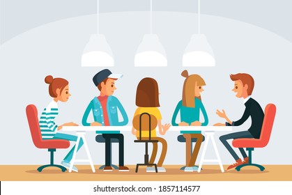 Coworking shared office space with freelancers working on start up project, sitting at table. Vector picture