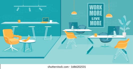 Coworking Shared Space with Modern Flat Interior. Tables Different Shapes and Sizes. Office Chairs and Armchairs. Laptop and Computers for Work. Stylish Business Room. Vector Cartoon Illustration