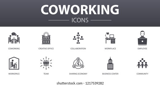 coworking simple concept icons set. Contains such icons as creative office, collaboration, workplace, sharing economy and more, can be used for web, logo, UI/UX