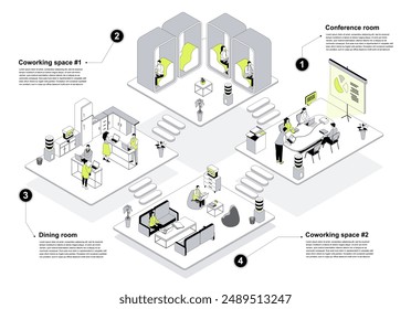 Coworking space 3d isometric concept in outline design for web. People working in isometry rooms office with conference halls, workflow in departments and resting in dining room. Vector illustration.