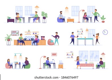 Coworking space bundle of flat scenes. Open office workplace isolated set. Freelancer, developer, desk, computer, window, ping pong game elements. Modern workspace area cartoon vector illustration.