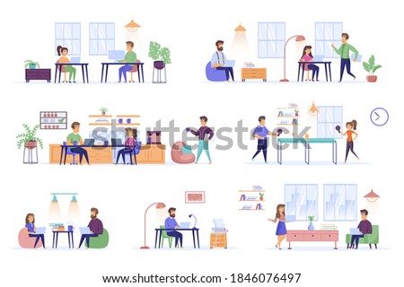 Coworking space bundle of flat scenes. Open office workplace isolated set. Freelancer, developer, desk, computer, window, ping pong game elements. Modern workspace area cartoon vector illustration.