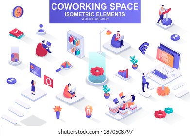 Coworking space bundle of isometric elements. Freelancer work with laptop, coworking space, developer workplace, company member isolated icons. Isometric vector illustration kit with people characters