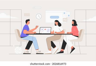 Coworking space with business people sitting at the table. They analyze charts and reports. Vector illustration for co-working, teamwork, workspace concept. Team working on project.