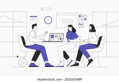 Espacio de coworking con hombres de negocios sentados en la mesa. Analizan gráficos e informes. Ilustración de esquema vectorial para trabajo conjunto, trabajo en equipo, concepto de espacio de trabajo. Equipo trabajando en el proyecto.