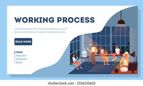 Coworking space. Business people work in team. Workers sitting at the desk. Idea of communication and collaboration. Flat illustration