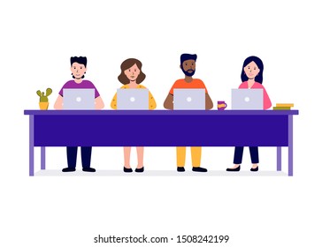 Coworking space. Business team working together at the big desk using laptops. Men and women sitting at table, working at computers and talking with colleagues. Teamwork job. Flat vector illustration.