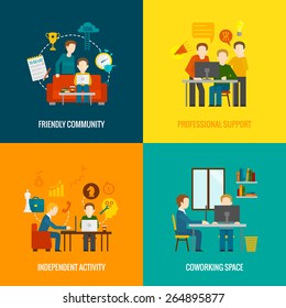 Coworking space center design concept set with friendly community professional support independent activity flat icons isolated vector illustration