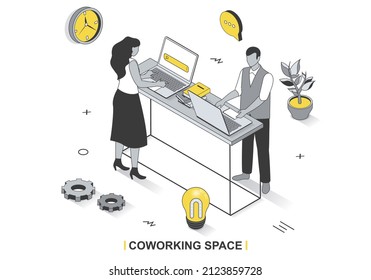 Coworking space concept in 3d isometric outline design. Employees or freelancers working on laptops, brainstorm and business communication, line web template. Vector illustration with people scene