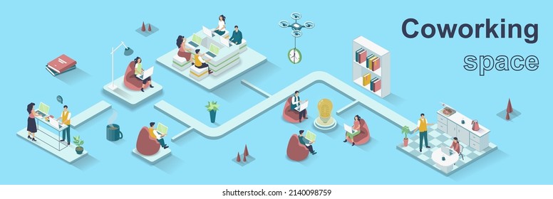 Coworking Space Concept 3d Isometric Web Banner. People Working In Open Office, Brainstorming, Business Communication And Teamwork. Vector Illustration For Landing Page And Web Template Design