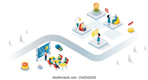 Coworking space concept 3d isometric web banner. People working in open office together, community cooperation, colleagues workspace. Vector illustration for landing page and web template design
