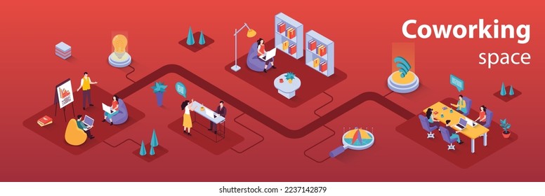 Coworking space concept 3d isometric infographics web banner. People work in open office, collaborate and hold conferences, discuss and do tasks. Vector illustration in isometry graphic design