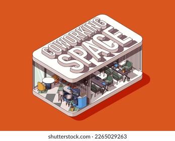 Coworking space concept in 3d isometric graphic design. Open office with tables and laptops for employees collaboration. Vector illustration with people in isometric room interior for web banner