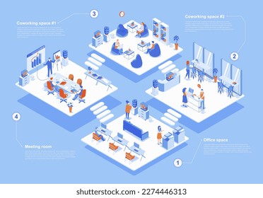 Koworking Space Konzept 3d isometrische Web-Szene mit Infografik. Menschen, die im Büro arbeiten, Tee-Treffen im Raum, Teamarbeit und Workflow in den Abteilungen. Vektorgrafik in isometrischer Grafik