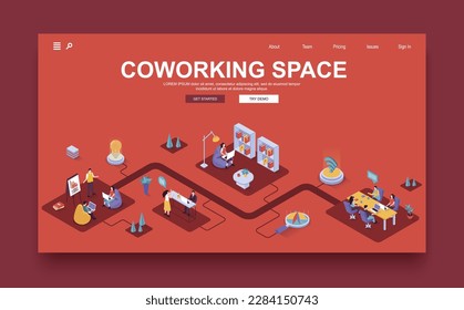 Coworking space concept 3d isometric landing page template. People work in open office, collaborate and hold conferences, discuss and do tasks. Vector illustration in isometry graphic design.