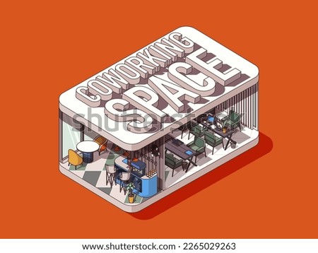 Coworking space concept in 3d isometric graphic design. Open office with tables and laptops for employees collaboration. Vector illustration with people in isometric room interior for web banner
