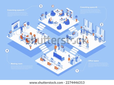 Coworking space concept 3d isometric web scene with infographic. People working in office, tea meeting in room, teamwork and workflow in departments. Vector illustration in isometry graphic design