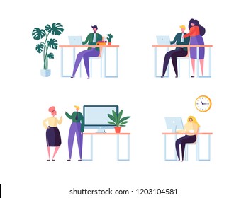 Coworking Space Concept. Coworkers Characters Team Working. Office Employees Working with Laptop and Computer. Business People. Vector illustration