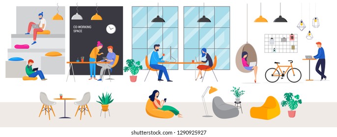 Co-working space, concept illustration. Young people working on laptops and computers on shared modern office workplace. Vector flat style illustration