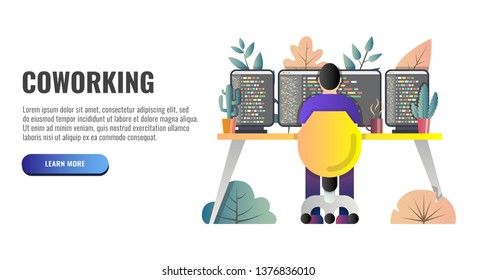 Co-working space concept. Man working at the computer. Web banner. Vector illustration.