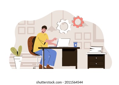 Coworking space concept. Man working on laptop in comfortable open office situation. Modern coworker workplace people scene. Vector illustration with flat character design for website and mobile site