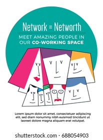 Coworking Space Concept for Poster, Social media post, blogging, infographic. Vector illustration of people in co working place. Network is Networth Idea. 