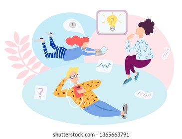 Co-working space, concept vector illustration. Young people work together using modern technology. Man and women in the team generate new ideas and solve business problems.