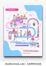 Coworking Space Concept - Young Cartoon Creative People Working in Modern Coworker Center. Vector Illustration. Trendy Colors. Poster Design.