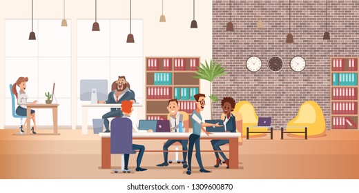 Coworking Space with Creative People Sit at Table. Business Team Work Together at Big Desk Use Laptop. Multicultural Group have Discussion. Working Environment. Flat Cartoon Vector Illustration