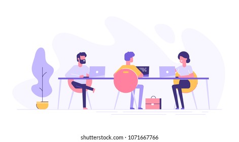 Coworking space with creative people sitting at the table. Business team working together at the big desk using laptops. Flat design style vector illustration.
