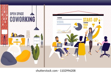 Coworking space with creative people sitting at the table. Business team working together at the big desk using laptops. Flat design style vector illustration. workshop