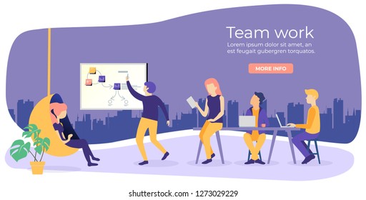 Coworking space with creative people sitting at the table, writing and using laptops. Office team thinking idea, startup, time management, planning and strategy. Flat design style vector illustration 