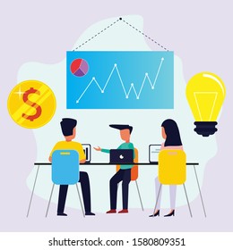 Coworking space with creative people sitting at the table. Business team working together at the big desk using laptops. Flat design style vector illustration.