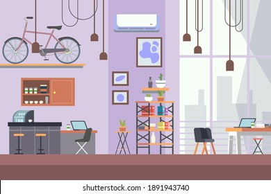 Co-working space for creatives business. Empty modern workplace with mini bar flat illustration