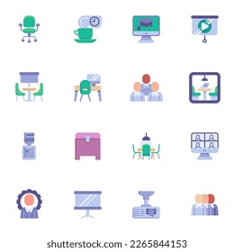 Co-working space elements collection, flat icons set, Colorful symbols pack contains - business people, online meeting, office, presentation. Vector illustration. Flat style design