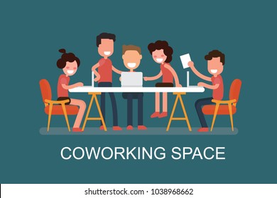 Coworking space flat design illustration. Creative people working together in workspace. Business shared working environment flat