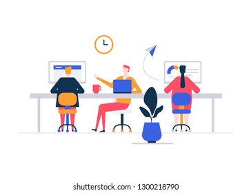 Coworking space - flat design style colorful illustration on white background. High quality composition with male, female freelancers, business people working with laptops, computers in one open place