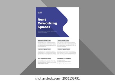 coworking space flyer design template. office coworking space rent poster leaflet design. a4 template, brochure design, cover, flyer, poster, print-ready