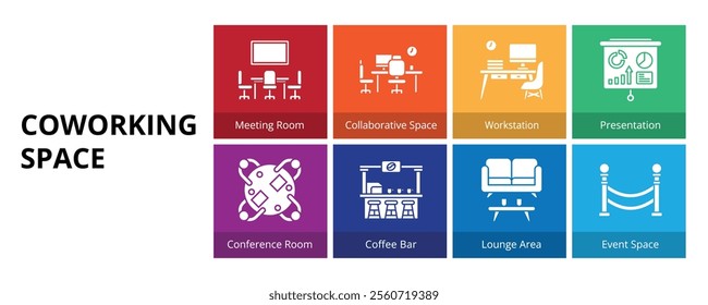 Coworking Space Glyph Solid Banner Web Icon Set Vector Illustration