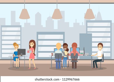 Coworking space with group of creative people who share ideas with each other. Idea of communication and collaboration. Flat vector illustration
