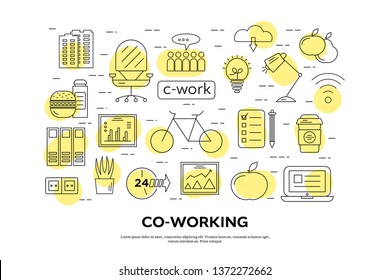 Coworking space horizontal banner template. Office items collection. Moving linear illustrations on yellow spots background. Thin outline workplace and job items composition. C-work, 24 hours icons
